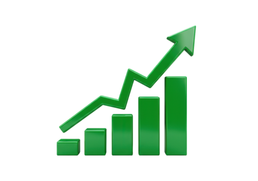 Green Bar Chart with Arrow PNG isolated on Transparent Background Business Growth and Success Concept Financial Graph