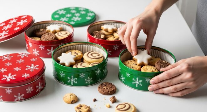 Festive boxing day cookie tins with assorted holiday treats for celebratory gifting and enjoyment