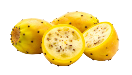 Several yellow, oval fruits with dark spots, one cut open revealing seeds