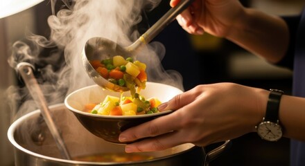 Warm vegetable soup being served by hand in kitchen setting for cozy winter holiday meal