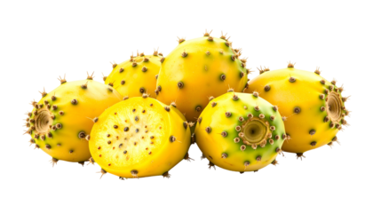 Group of yellow, prickly pear fruits, one halved, against a transparent background