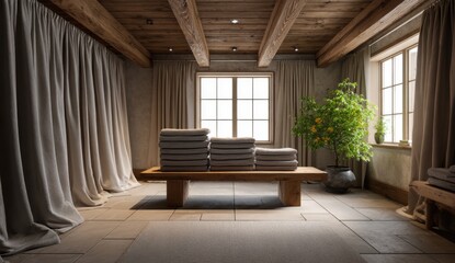 Obraz premium Serene indoor scene with wooden beams, draped curtains, stacked towels, and natural light