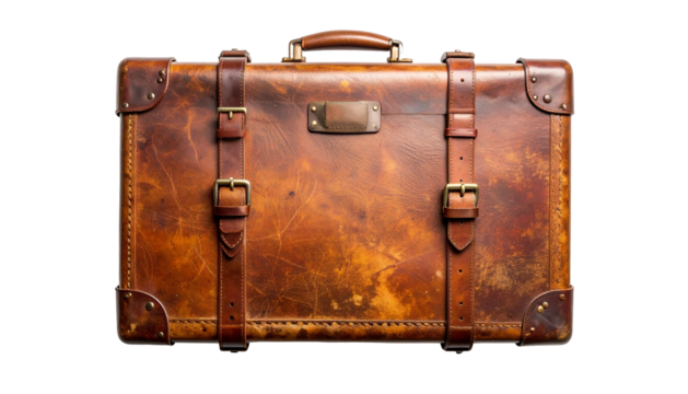 Aged, leather suitcase with buckles and straps, brass details, isolated against black