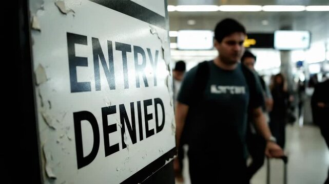 banned. Entry Denied Signage Focus with People Walking at Airport