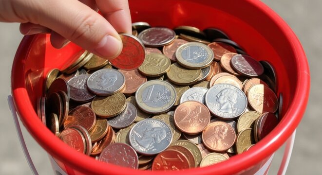 Charitable giving on boxing day with euro coins in donation bucket