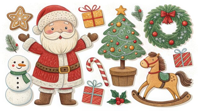 Whimsical christmas collection featuring santa claus snowman tree wreath and gifts