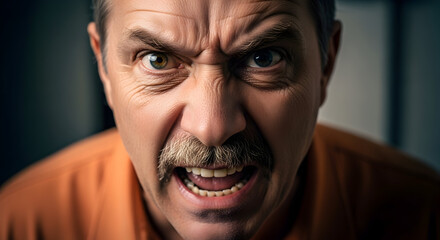 Intense Disapproval Close Up Portrait of a Mature Man Expressing Extreme Anger and Frustration Staring Threateningly at the Viewer in Emotional Turmoil and Tension