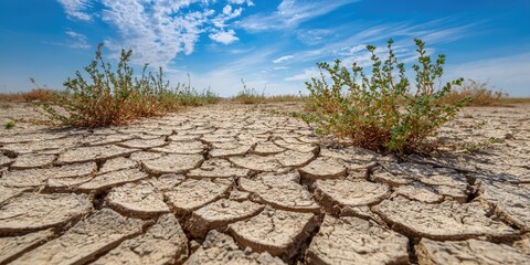 Dried cracked earth with sparse vegetation under a clear sky (1)