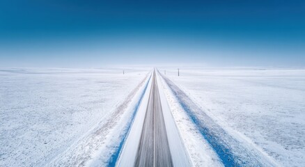 Aerial perspective of a long, straight road stretching through a vast snow-covered landscape