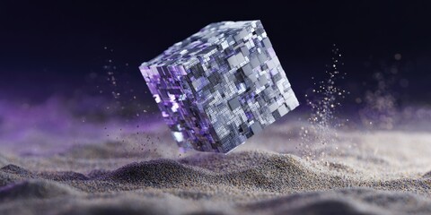 Floating crystalline cube in a sandy environment