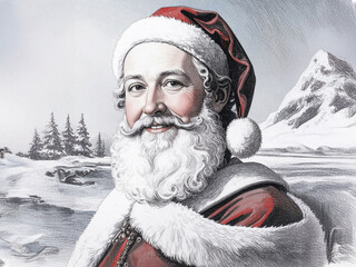 Santa claus with white beard red hat and coat in snowy landscape.