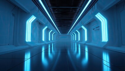 Futuristic hallway bathed in blue neon light