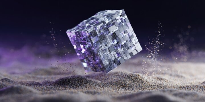 Floating crystalline cube in a sandy environment