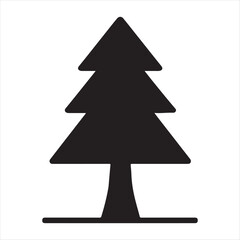 Simple black silhouette of a stylized evergreen tree with a thick trunk and layered branches on a white background