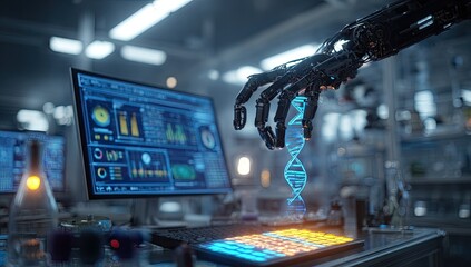 Futuristic robot hand manipulates DNA in a lab