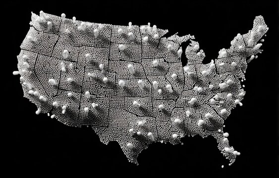 A grayscale conceptual map of the United States with raised, pillar-like structures
