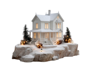 Winter wonderland scene with snowy house and festive lighting for holiday decorations on transparent background