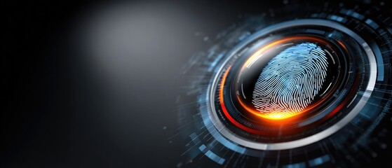 A close-up visualization of a fingerprint surrounded by futuristic technology elements, suggesting themes of security and digital identification.