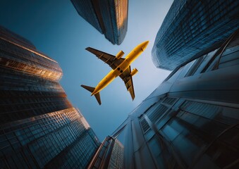 A low-angle shot shows an airplane soaring between tall, modern skyscrapers against a blue sky