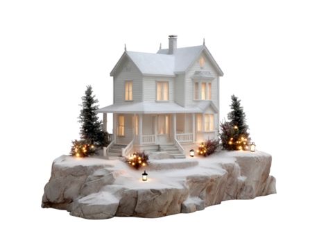 Winter wonderland scene with snowy house and festive lighting for holiday decorations on transparent background - Powered by Adobe