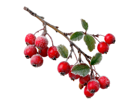 Winter frost on red berries concept for seasonal nature design and decor on transparent background
