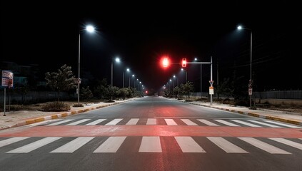 Nighttime view of an empty road with streetlights and a crosswalk, under a dark sky