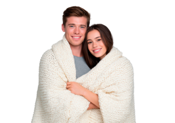 Couple wrapped in cozy blanket embracing warmth and togetherness on transparent background
