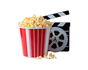 Movie night concept with popcorn and film reel for cinema or entertainment design