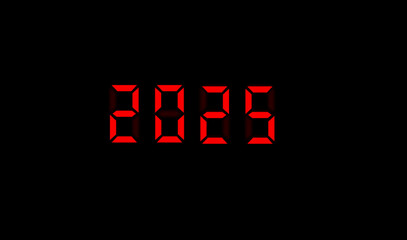 Digital display shows the date of new year 2025 over dark background