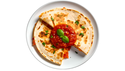 A sliced, filled flatbread with a tomato salsa topping, garnished with basil