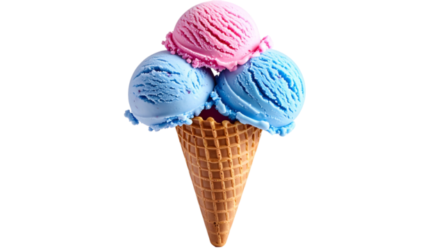A tri-colored ice cream cone, composed of pink and two shades of blue scoops, on a crispy cone