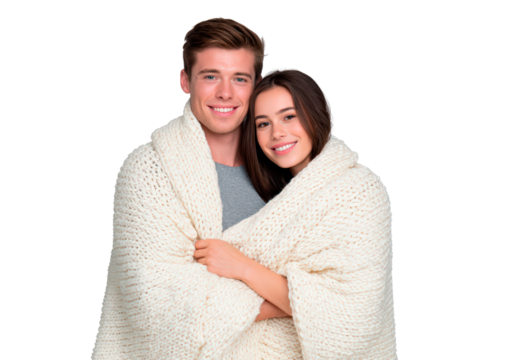 Couple wrapped in cozy blanket embracing warmth and togetherness on transparent background - Powered by Adobe