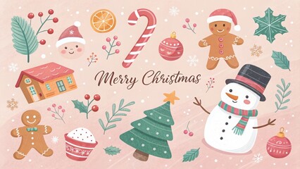 Whimsical watercolor merry christmas elements featuring snowman gingerbread cookies and tree