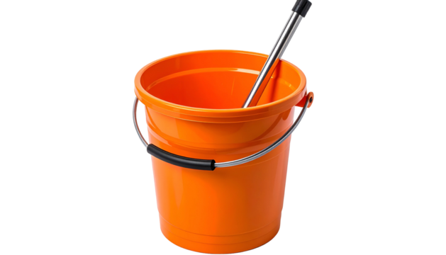 Vibrant orange bucket with a metal mop handle inside, against a black backdrop