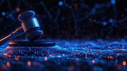 Judge's gavel on digital network backdrop