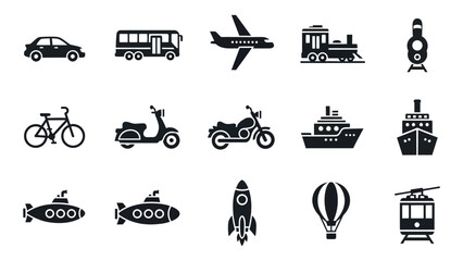 Collection of diverse transportation icons for modern travel and logistics design silhouette