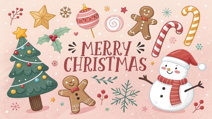 Whimsical merry christmas scene with snowman gingerbread tree ornaments festive delights