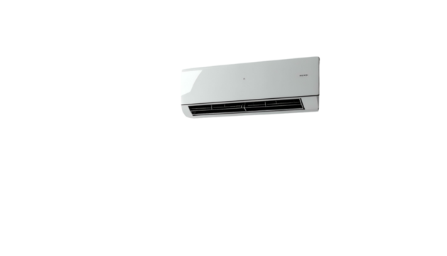 Wall-mounted white air conditioner, vents visible, isolated on black background