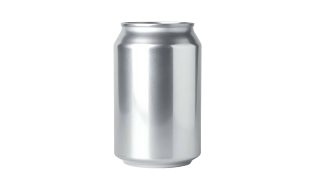 Isolated, upright silver cylindrical metal beverage container against a black background
