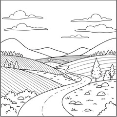 Fototapeta premium Generative ai vector art of a winding road leads through rolling hills and fields under a cloudy sky, with trees dotting the landscape and mountains in the distance, creating a serene rural vista