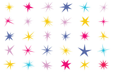 Sharp stars shapes set. Bright irregular sparks, colorful twinkles. Abstract edgy sparkle and stars elements pack. Asymmetry forms png