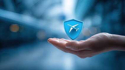 Hand holding a 3D rendered blue shield with an airplane, signifying air travel protection
