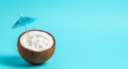 Tropical beach concept made of coconut fruit and sun umbrella. Creative minimal summer idea.