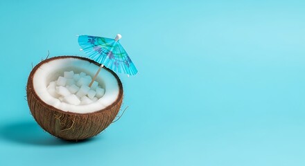 Tropical beach concept made of coconut fruit and sun umbrella. Creative minimal summer idea.