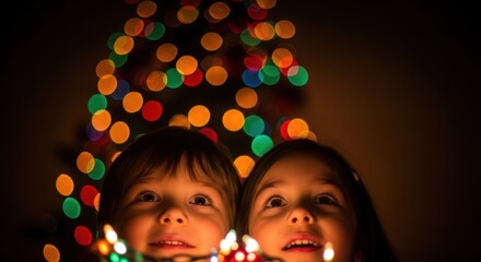 Joyful children with christmas lights in front of a festive tree on christmas eve celebration