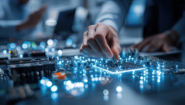 Close-up of hands assembling an illuminated circuit board, tech environment blurred - Powered by Adobe