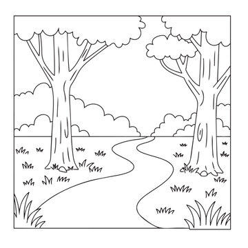 Generative ai vector art of a winding path through a forest with two large trees and fluffy clouds in the background, a simple line art illustration for coloring