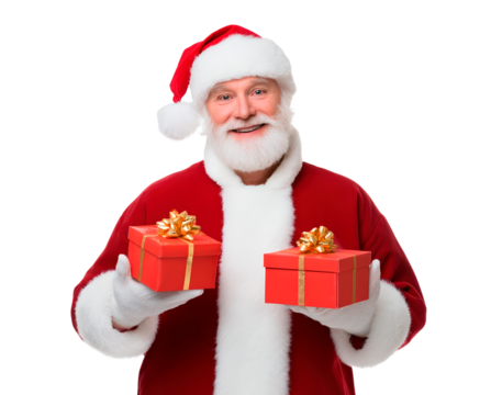 Joyful santa claus holding christmas gifts for holiday cheer and celebration on transparent background