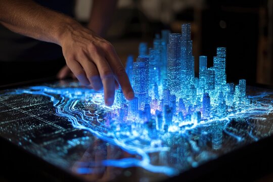 A person's hand interacting with a glowing, futuristic 3D city model on a large touchscreen