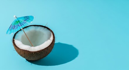 Tropical beach concept made of coconut fruit and sun umbrella. Creative minimal summer idea.